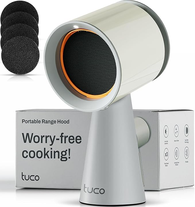 TUCO Portable Range Hood, Countertop Kitchen Exhaust Fan with 3 Speeds, 5-Layer Filter, Powerful Smoke Removal, Low Noise, Oil Cup, Air Purifier for Apartments, Dorms & Indoor BBQ Smokeless – Grey