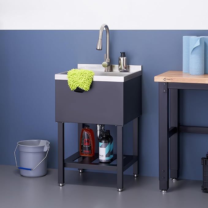 TRINITY Stainless Steel Freestanding Single Bowl Utility Sink for Garage, Laundry Room, and Commercial Use, Includes Pull-Out Faucet, NSF, UPC and cUPC Certified, 21.5" x 22" x 49.2", Black