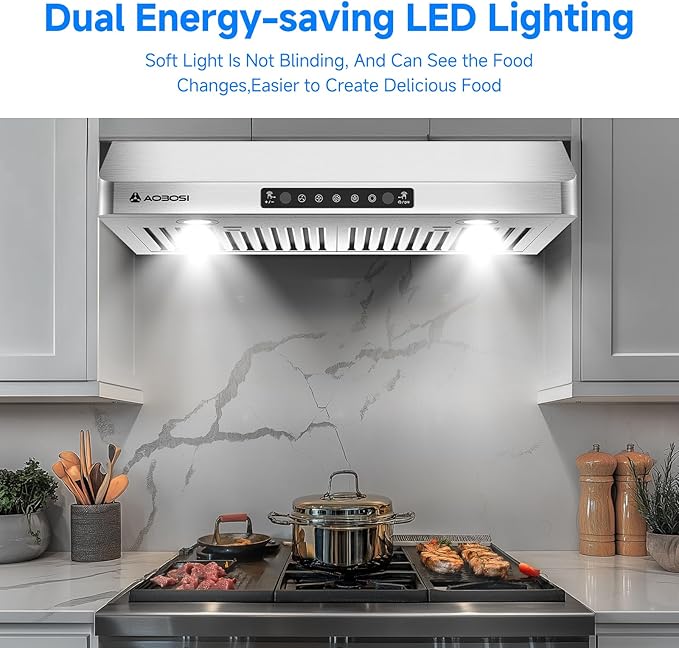 AAOBOSI Range Hood 30 inch Under Cabinet,800-CFM Gesture Sensing/Touch Control/Motor Upgrade Low Noise,3 Speed Range Hood with LED Lights Exhaust Fan, Stainless Steel Kitchen Vent Hood