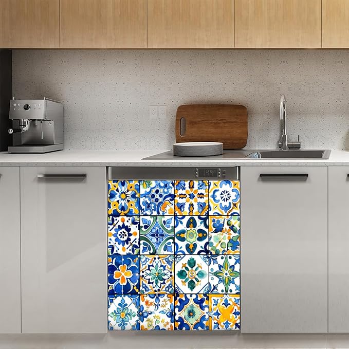 Dishwasher Magnet Cover Troditional Spanish Tile Pattern Reusable Dishwasher Magnetic Cover Sticker Decorative Dish Washer Door Cover Panel for Home Kitcen Appliance