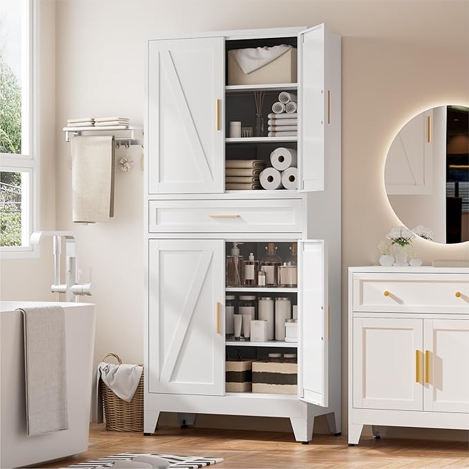 Metal Storage Cabinet with Drawer, 71" Tall Storage Cabinets with Adjustable Shelves, White Farmhouse Freestanding Kitchen Pantry Cabinet for Dining Room, Living Room