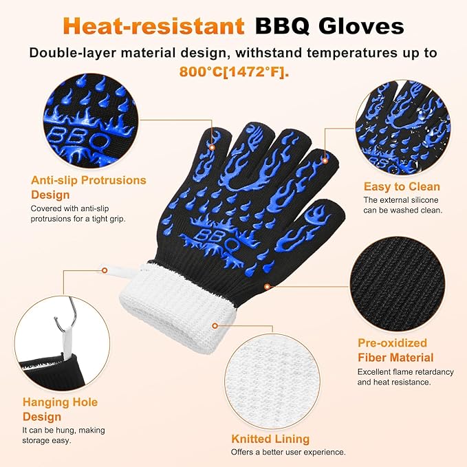 1-Pair BBQ Gloves, 1472°F Heat Resistant Non-Slip Grilling Oven Gloves for Barbecue/Baking/Cooking [L Size, Blue]