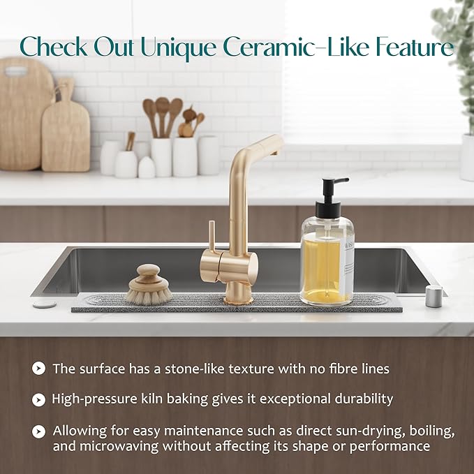 Stone Kitchen Sink Faucet Mat, Premium Upgraded Diatomite Drying Stone Mat & Sink Protector Splash Guard - Prevent Moisture Drying Stone Tray for Kitchen Counter (23.6" x 3.9", Dishwasher Safe)