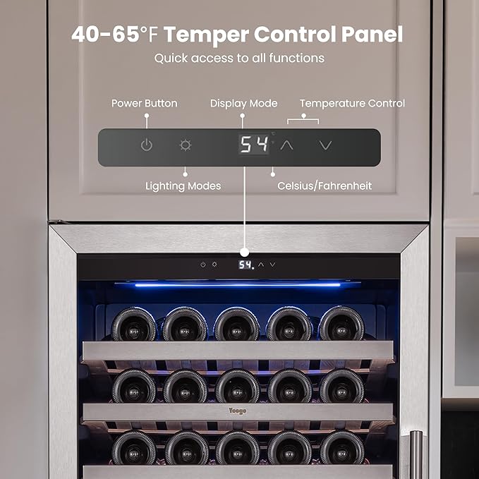 Yeego 24 Inch Wine Fridge Cooler - 165 Bottles Wine Cooler with Glass Door, 40-65℉ Built-In or Freestanding Wine Refrigerator with Door Lock and 2 Color LED for Kitchen Bar Office (Left-Hinged)
