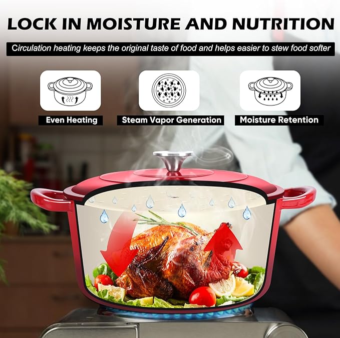 TeamFar 5Qt Dutch Oven, Enameled Cast Iron Dutch Oven with Lid & Dual Handles for Cooking Baking Braising Simmering, Healthy & Sturdy, Oven & Various Stovetops Safe, Non-stick & Easy Clean - Red