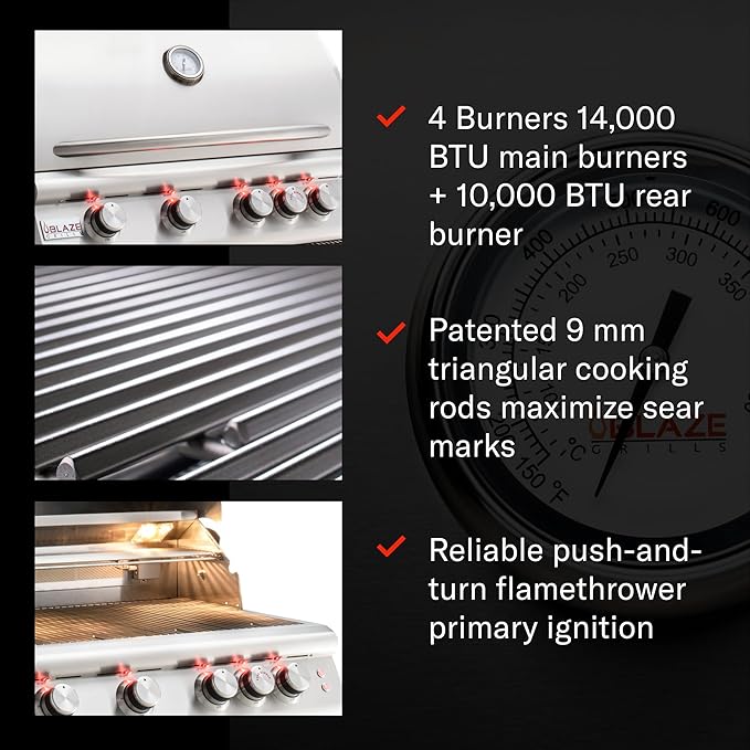 Blaze Premium LTE+ 40-Inch 5-Burner Built-In Propane Gas Grill | Stainless Steel Outdoor BBQ with Rear Infrared Burner, Rotisserie Kit, LED Control Knobs & Lift-Assist Hood | BLZ-5LTE3-LP