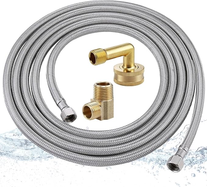 Dishwasher Installation Kit, 10FT Supply Line with 3/8 Inch Compression Ends, 3/8 Inch MIP Elbow and 3/4 Inch FHT Elbow, Braided Stainless Steel Dishwasher Connectors, 41060