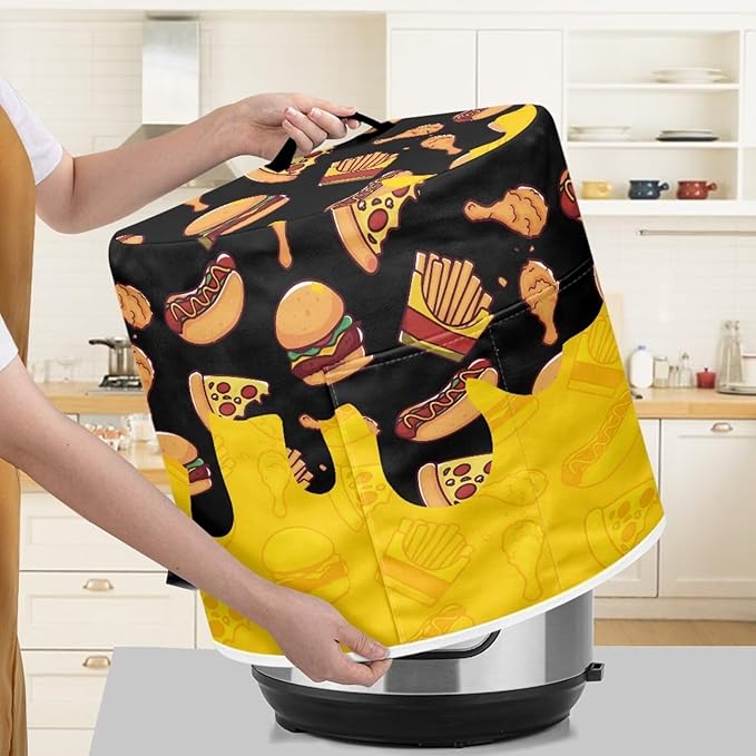 6 Quart Pressure Cooker Small Appliance Covers, Washable Dust Cover for Air Fryer Rice Cooker Kitchen Appliance Accessories with Storage Pockets, Pizza and Burger Print
