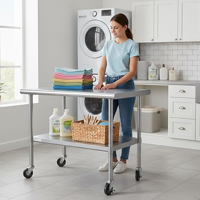 STABLEINK Stainless Steel Table with Wheels 24 x 30 Inches, NSF Commercial Prep & Workbench with Adjustable Undershelf and Casters, for Commercial Kitchen, Restaurant, Hotel,Laundry and Garage