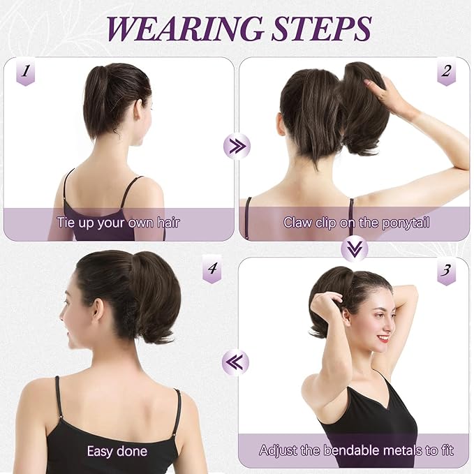 BARSDAR Claw Clip Short Human Hair Ponytail Extension with Bendable Metals - DIY 8 Inch Real Human Hair Auburn Brown Messy Bun Hairpieces for Women - Thick Natural Short Ponytail Daily Wear