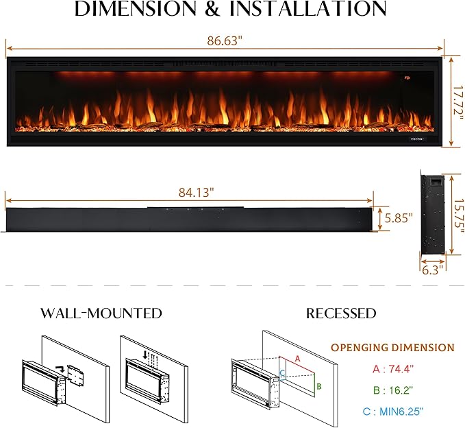 84 inch Smart Electric Fireplaces with App Control, Slim Recessed and Wall Mounted Fireplace Heater for Living Room, Multicolor Flame, Overheating Protection, WiFi-Enabled, Timer, 1500W, Black