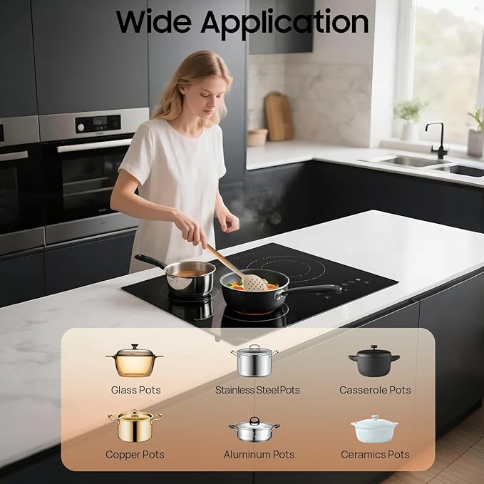 24" Electric Cooktop, 3 Burner Built-In Ceramic Stove Top With Led Display Screen, 9 Heating Levels & Touch-Adjustable Control, 2600W Radiant Electric Cook Top For Kitchen Office Hotel Restaurant Etc