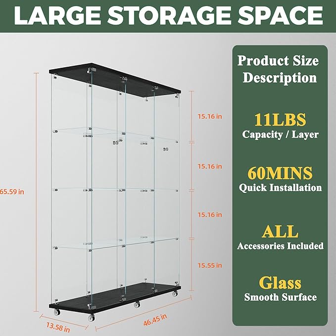 Glass Display Cabinet with LED Light Strip, 12 Shelves 3 Column 2 Doors, Large Curio Storage Cabinets with Lock & Caster for Living Room, Office, Floor Standing Glass Bookshelf - Black