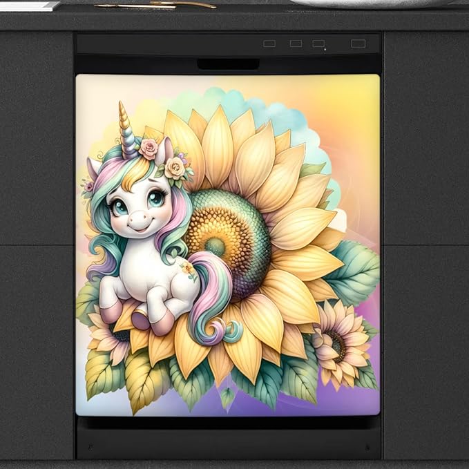 Sunflower Unicorn Dishwasher Magnet Cover for The Front Dishwasher Door Cover Panel Decals Magnetic Refrigerator Cover for Kitchen Farmhouse Home Decor 23 X 26 in