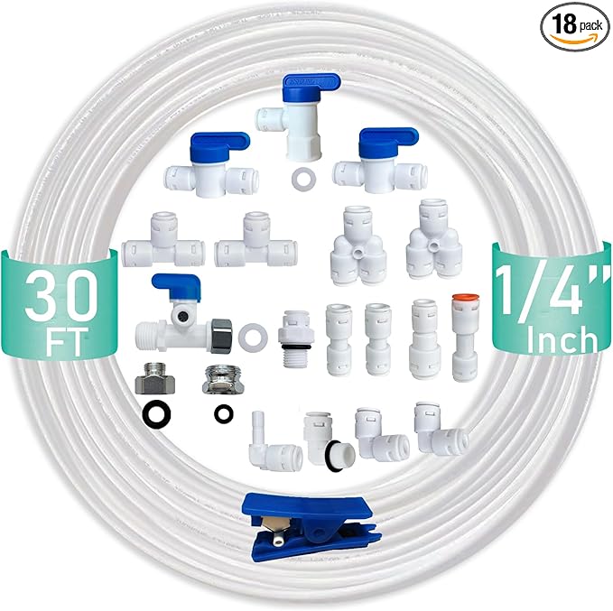 NSF Certified 1/4" O.D. Push to Connect Fittings for RO (Reverse Osmosis) Water Filter（with Shut-Off T Valve）18 pcs+30 feet 1/4" Water tubing.