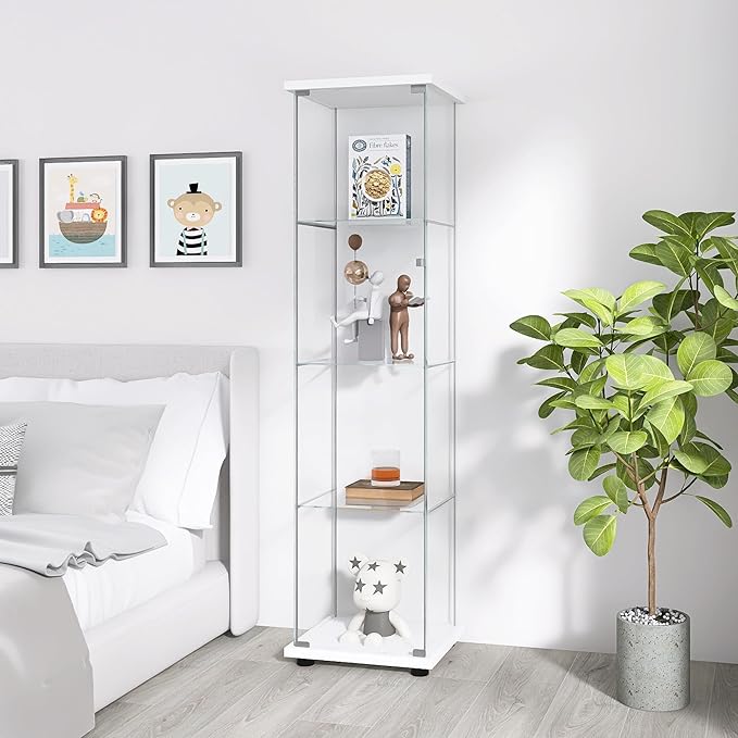 Yoluckea 4 Shelves Glass Display Cabinet with Door,Floor Standing Clear Glass Curio Cabinet Collection Display Case for Living Room Bedroom 64”x17”x14.5” White