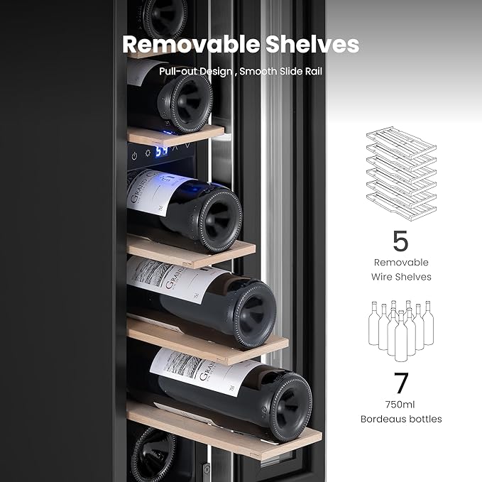 Yeego Wine Fridge Cooler - 7 Bottles Wine Cooler, 40-65°F Wine Refrigerator with Glass Door, Built-in or Freestanding Cooler with Adjustable Shelves Fridge for Home Bar Office