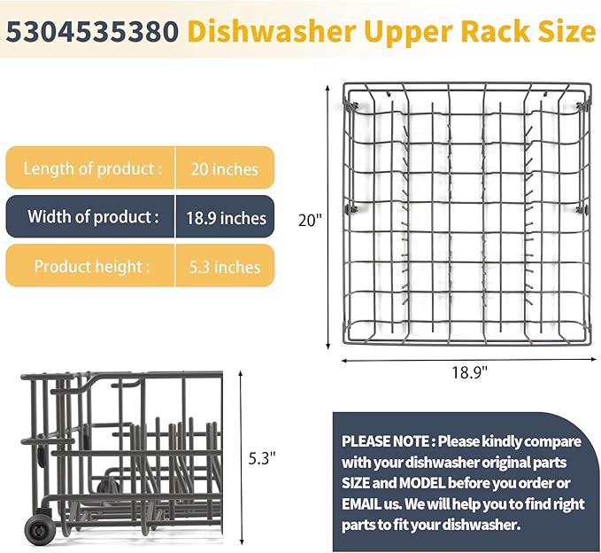 Upgraded 5304535380 Dishwasher Upper Rack Replacement Parts for Frigidaire Kenmore Crosley Dishwasher Parts Upper Dishrack Assembly FBD2400KB12B FFBD2406NS9B Dishwasher Upper Shelf top Rack Wheels