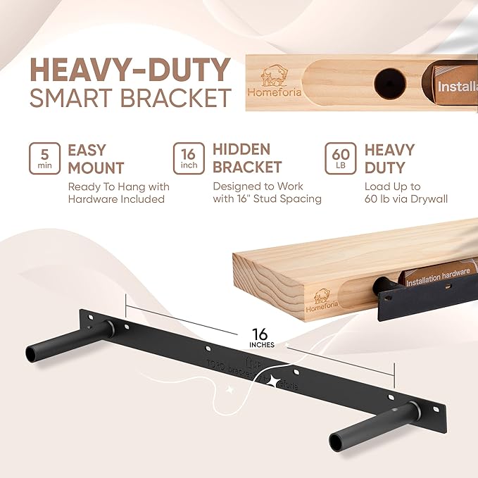 Homeforia 36 inch Wood Floating Shelves, High End Solid Natural Wood 36inch Large Floating Shelf Bathroom, Unfinished Wooden Floating Shelves for Wall, Heavy Duty Bracket, 36 X 6.5 X 1.75 in, Set of 4