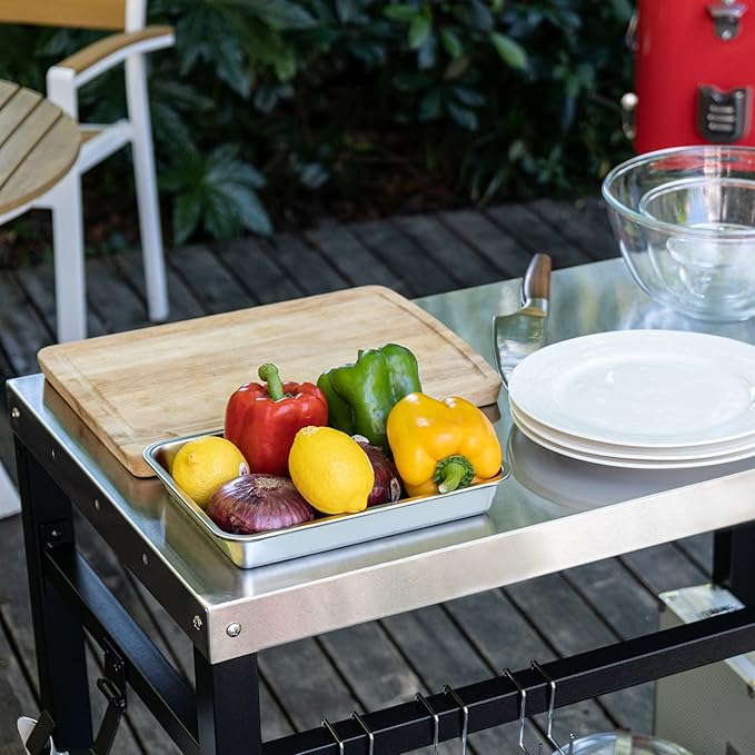 Royal Gourmet Dining Cart Table with Double-Shelf, Movable Stainless Steel Flattop Grill Cart, Hooks, Side Handle, Multifunctional PC3401S (Silver)