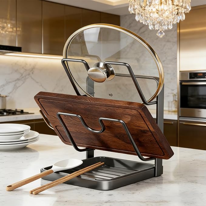 2Pack Kitchen Pot Lid Storage Rack, Space-Saving Kitchen Pot Cover Organizer Stand, Pot-Lid Cutting Board Holder With Removable Drip Tray (Double-layer)