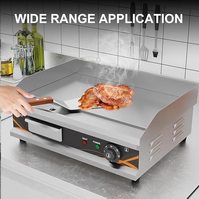 22" Commercial Electric Griddle, 1500W Electric Countertop Griddle Flat Top Grill with Thermostat 0-300℃, Stainless Steel Heavy Duty Large Grill for Restaurant BBQ