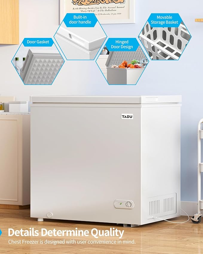 TABU 10 Cu Ft Chest Deep Freezer, Large Chest Freezer with 7 Level Adjustable Temperature,Compact Freestanding Top-opening Deep Freezer with Removable Storage Basket, White