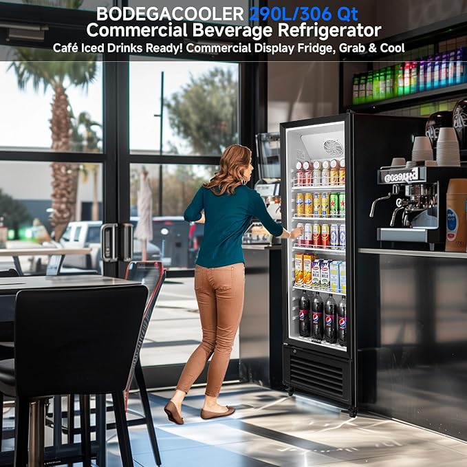BODEGACOOLER Beverage Refrigerator, 290L/306 Qt Commercial Refrigerator For Kitchen, Home,Office and Garage, 264 Cans & 120 Bottles Display Refrigerator For Beer,Soda, Bar Cooler with Soft LED Light.