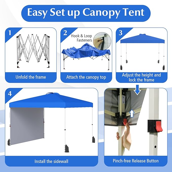 Tangkula 10x10 FT Pop up Canopy with Sidewall, Easy Setup Outdoor Tent with Wheeled Bag, 4 Sandbags, 4 Ropes, 4 Anchors, 8 Stakes, Vented Top, Portable Canopy Tent for Party Event Patio (Blue)