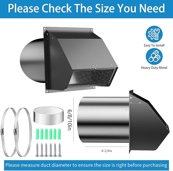 6 Inch Hooded Wall Vent with Screen and Damper,Wall Exhaust Vent Cover Cap,Dryer Vent Cover Outside,External Extractor Wall Vent Hood for House Kitchen Range Hood Air Ventilation Black