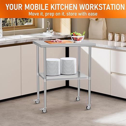 Stainless Steel Table with Wheels 24" x 30" Utility Worktable with Adjustable Undershelf for Commercial Kitchen, Garage, Restaurant
