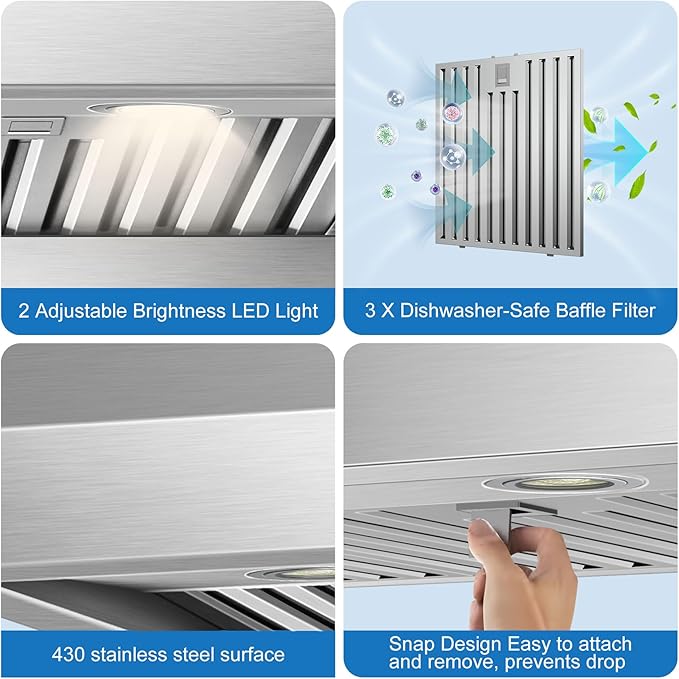 36 inch Range Hood Under Cabinet 1200 CFM with 4-Speed Gesture Sensing & Touch Control, Stainless Steel Kitchen Stove Vent Hoods with 2 LED Lights, Time Setting, Dishwasher-Safe Baffle Filters