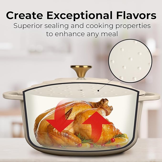 Zulay Kitchen 6 Quart Enameled Cast Iron Dutch Oven Pot with Lid – Premium Durability & Oven Safe up to 500°F – Heavy Duty Cookware Perfect for Bread Baking, Stews, Braising & Roasting – Ivory