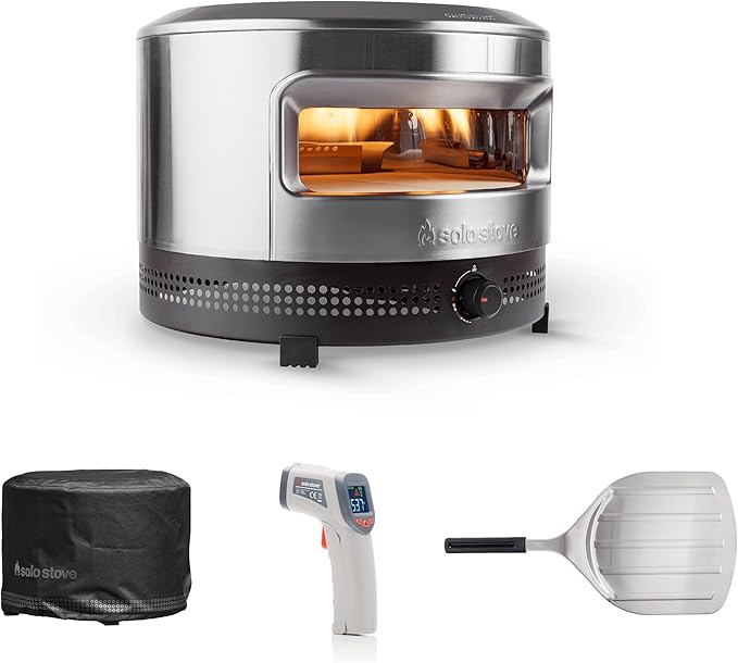 Solo Stove Pi Prime 21" x 16" Stainless Steel Propane Outdoor Pizza Oven Bundle with IR Thermometer, Stainless Peel & Shelter – 12" Panoramic Opening, Demi-Dome Heating, 90-Second Artisan Pizzas