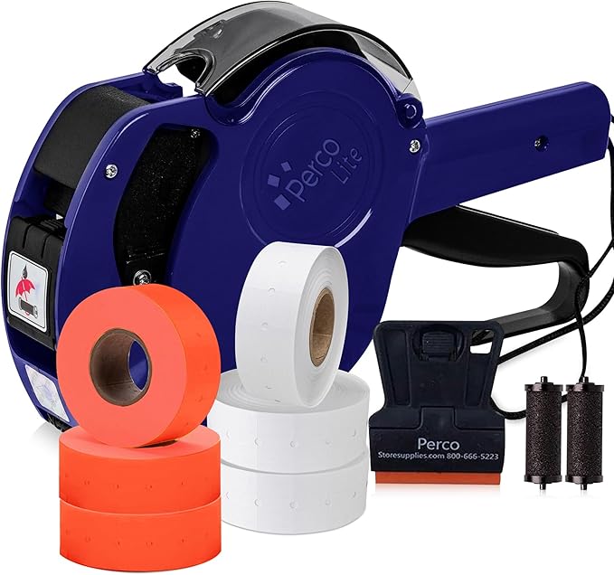 Perco Lite 1 Line Price Gun with Labels Kit - Includes 3 White Rolls, 3 Fluorescent Red Rolls, 2 Ink Rollers - 1 Ink roll and Labels Pre-Loaded