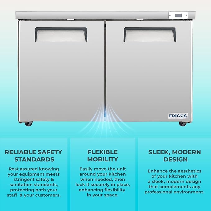 Frigos FG-UCFZ-60 60" 14.1 Cu Ft Commercial Undercounter Freezer Silver - ETL Certified Stainless Steel, LED Lighting - Perfect for Commercial Kitchens - Low Energy Freezer Included Liftgate