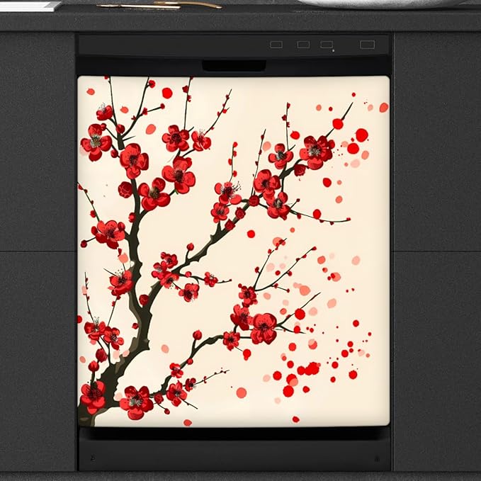 Dishwasher Magnet Cover Red Japanese Cherry Blossom Flower Reusable Dishwasher Magnetic Cover Sticker Decorative Dish Washer Door Cover Panel for Home Kitcen Appliance