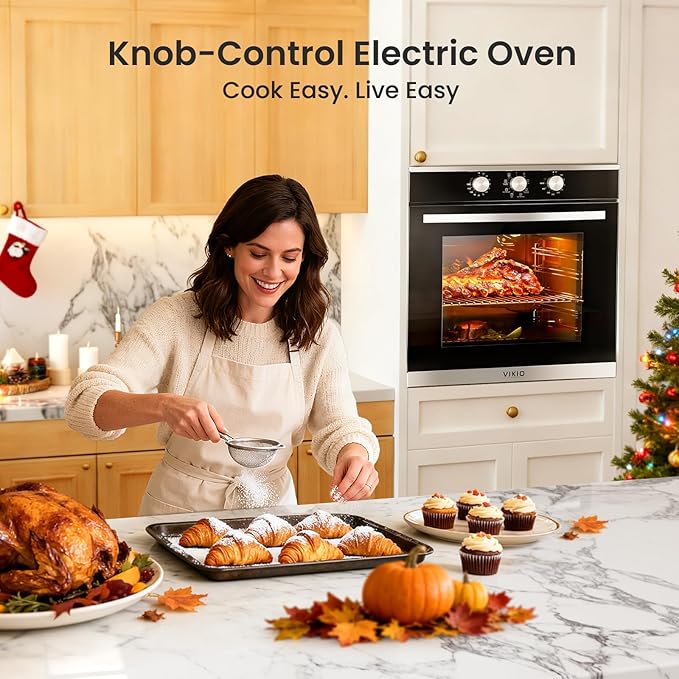 Single Wall Oven 24", 2.83 Cu.Ft-80L with 8 Functions Built-in 24 Electric Wall Oven, 240V, 3220W Fast Preheat, Mechanical Knob Control for Easy Cooking