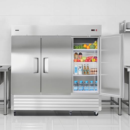 VEVOR Commercial Reach-In Refrigerator 85" W, 69 Cu.Ft Stainless Steel Upright Refrigerator with Three Doors, Auto-Defrost, 12 Adjustable Shelves, 32 to 50℉ Temp Control, ETL Certified