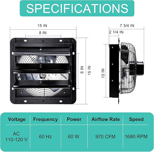 12 Inch Shutter Exhaust Fan for Greenhouse, Shed, Garage, Barn, Chicken Coop Ventilation, Wall Mount Attic Fan with Speed Controller and Power Cord, 970 CFM, Black