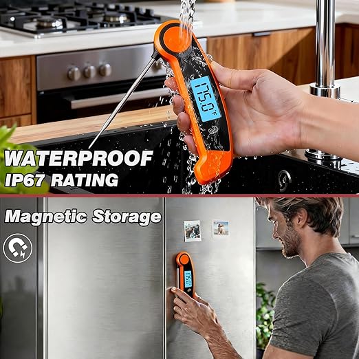 Meat Thermometer Digital Waterproof Instant Read Thermometer for Cooking ℃/℉ Convertible, Food Thermometer with Backlight, Cooking Thermometer for Kitchen Auto-Rotating Display Orange