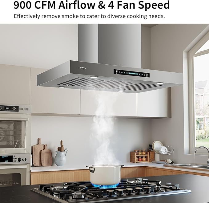 IKTCH Island Mount Range Hood 900 CFM, 42 Inch Stainless Steel Ducted Island Range Hood, Gesture Sensing & Touch Control, 4-Speed Fan