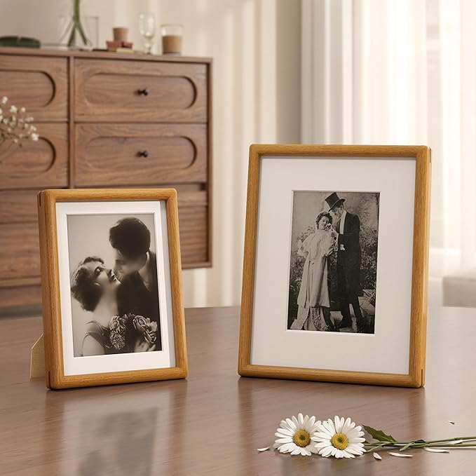 Axeman 8x10 Picture Frame - Solid Teak Wood 8x10 Frame With Mat for 5x7 - Rounded Corner 8 x 10 Photo Frame with Tempered Glass for Tabletop Display