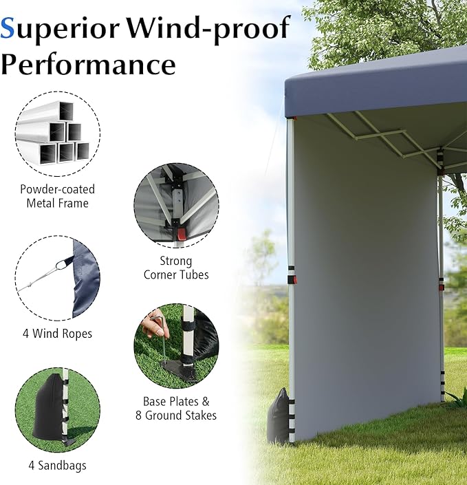Tangkula 10x10 FT Pop up Canopy with Sidewall, Easy Setup Outdoor Tent with Wheeled Bag, 4 Sandbags, 4 Ropes, 4 Anchors, 8 Stakes, Vented Top, Portable Canopy Tent for Party Event Patio (Gray)