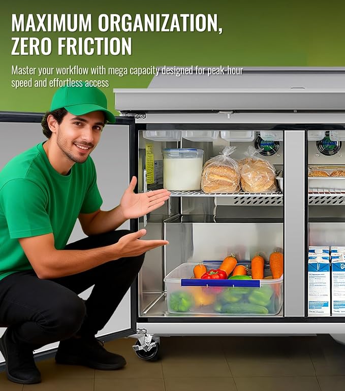 60" W Commercial Refrigerator Sandwich Salad Prep Table, 18.6 Cu.Ft Stainless Steel Food Prep Fridge with 16 Pans, Self-closing Door, Adjustable Shelves, Auto Defrost, Good Choice for Salad Shops