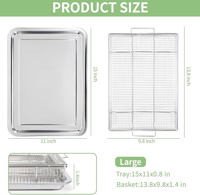 Extra Thick Air Fryer Basket for Full Size Oven,2 PCS-Set,Air Fry Basket & Crisper Tray Pan,Easy Cleaning and Crispy Results,Stainless Steel Air Fryer Accessories,with one Removable Handle,15''×11''