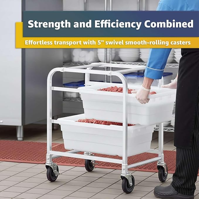 19"x26"x32" Mobile Aluminum Lug Rack with 2 White Meat Lugs / Tote Boxes - NSF Heavy-Duty Commercial Storage Cart, Portable Aluminum Utility Rack with Casters for Kitchen, Restaurant, or Food Prep