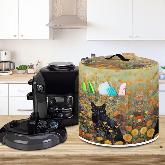 Xoenoiee Black Cat Foral Pattern Kitchen Appliance Dust Cover with Pockets, Electric Pressure Cooker Cover Compatible with Rice Cooker Cover Air Fryer Cover, for 3 Qt Pot