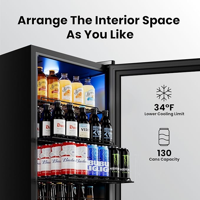 Yeego Beverage Refrigerator Cooler, 130 Cans Mini Fridge with Glass Door Beverage Fridge with Adjustable Shelves for Soda Beer or Wine, Beverage Cooler with Digital Temperature Control for Home Office