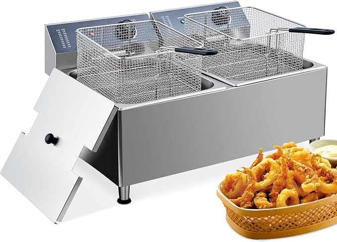 Twin 11L Commercial Deep Fryer | Dual 201 Stainless Steel Tanks with 2 Baskets & Lids | 3400W Total (1700W x 2) 110V for Restaurant & High-Volume Use